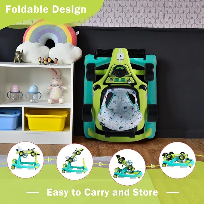 BABY JOY 4-in-1 Baby Walker, Foldable Activity Walker with Adjustable Height & Speed, Music, Lights, Anti-Rollover, Toddler Push Walker, Baby Walker with Wheels for Boys Girls 6-18 Months (Green)