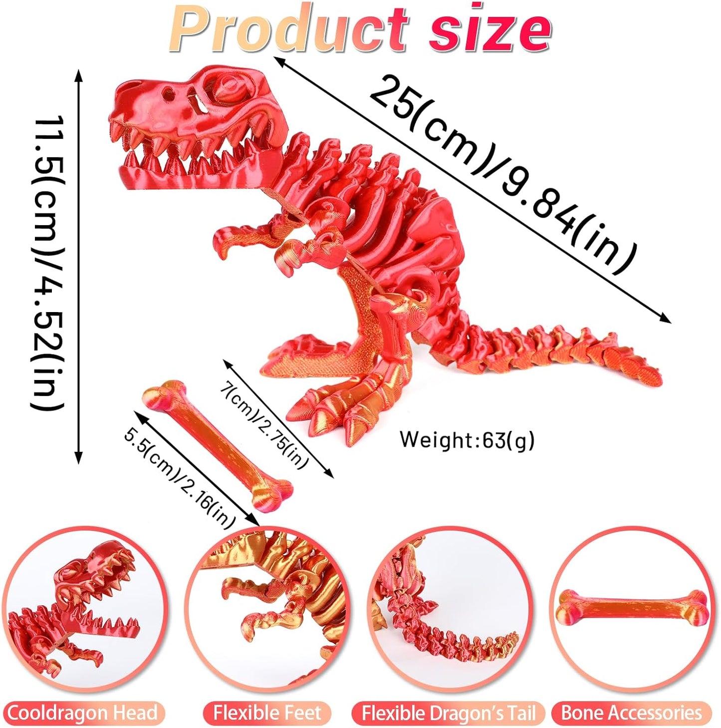 3D Printed Dinosaur Bones Tyrannosaurus Rex Skeleton with Movable Joints, 3D Model Skull T-Rex, Flexible Articulated Dinosaur Fidget Toys Adults for Autism/ADHD