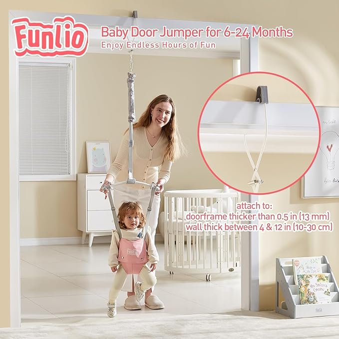 FUNLIO 2 in 1 Baby Door Jumper with Door Clamp, Baby Walking Harness for 6-24 Months, Infant Jumper Doorway with Strong Spring & Adjustable Strap, Easy to Assemble & Store - Pink