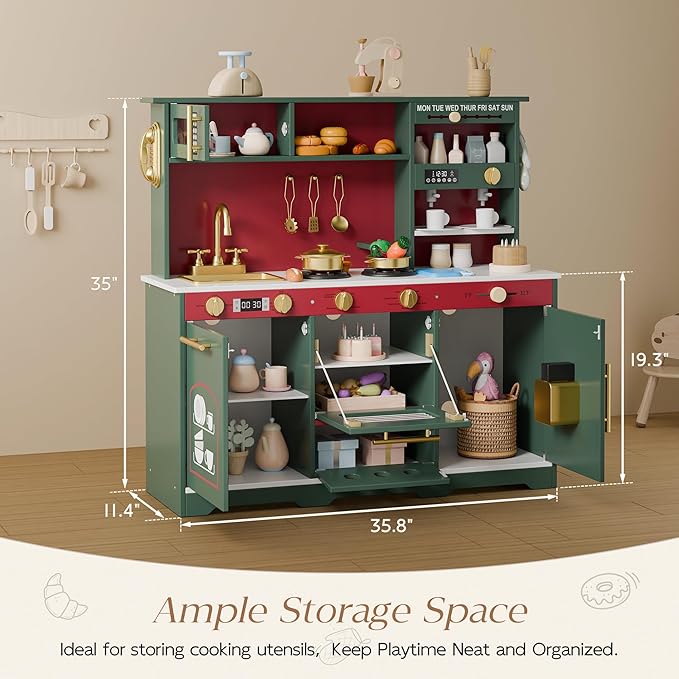 Play Kitchen Set, Kids Kitchen Playset with 21 Fun Accessories, Toy Kitchen Set with Realistic Appliances, Smart Storage, Wooden Play Kitchen for Kids, Gift for Ages 3+ (Green & Red)