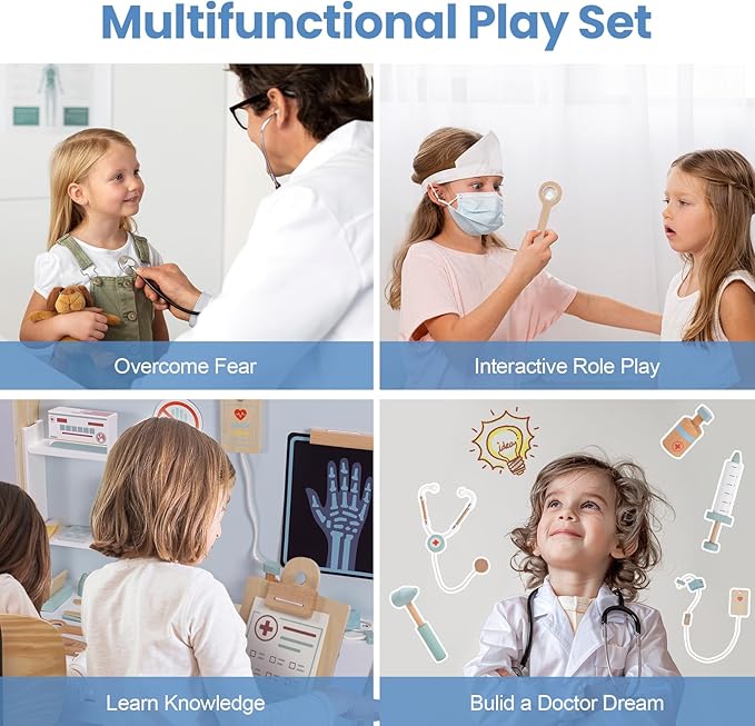 Wooden Doctor Playset, Kids Doctor Kits with 15PCS Accessories,Dr Pretend Playset for Kids/Toddlers Ages 3-5 6-8