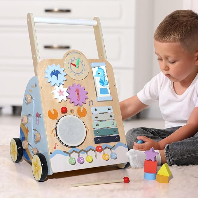 Multifunctional Baby Activity Walker Toy - 8-in-1 Learning Push Cart with Shape Sorter, Music Panel & Storage, Develops Motor Skills for Toddlers 3 Years