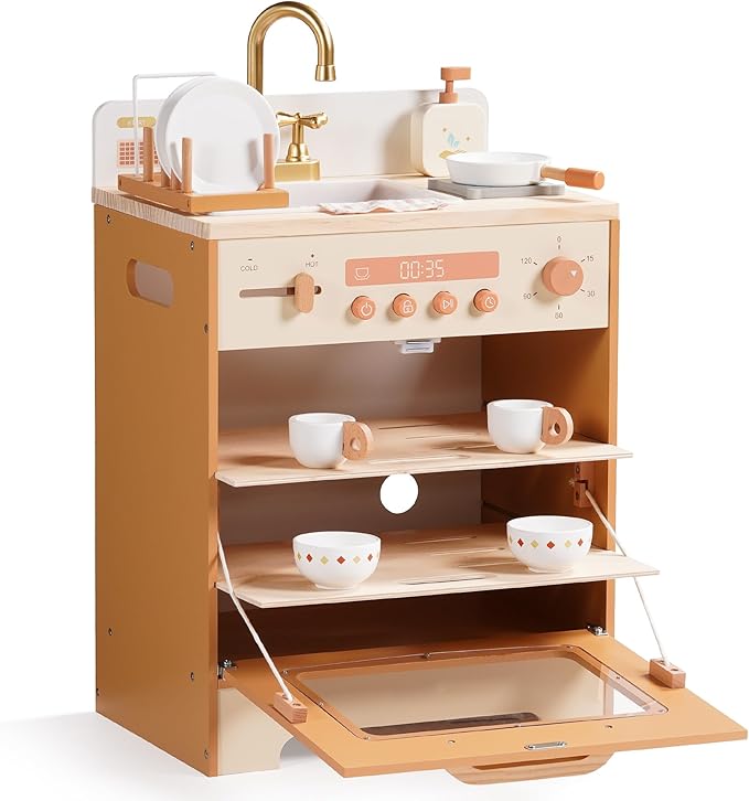 ROBOTIME Wooden Toy Dishwasher Sink – Caramel Pretend Kitchen Toy with Gold Faucet, Turning Knobs, Dish Rack, Plates, Bowls, Cups – Montessori Wooden Play Kitchen for Girls Ages 3+