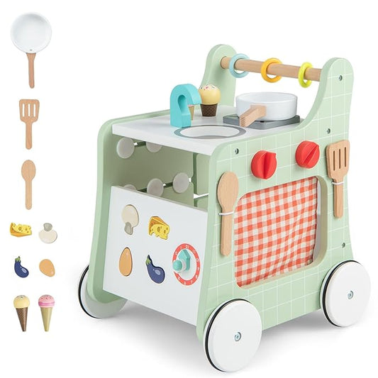 HOMGX Baby Push Walker with Wheels, 6-in-1 Wooden Montessori Toys, Toddler Learning Walker Activity Center, Pretend Kitchen Playset with Shape Sorter, Tool Toy for Kids Boys Girls Ages 12M+