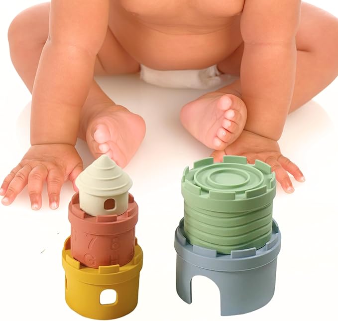 Castle Stacking Tower & Nesting Cups Baby Toys - 5-Piece Silicone Teething & Bathing Set - Fun, Educational & Early Learning Gift for Babies 6+ Months - BPA Free, Soft & Dishwasher Safe
