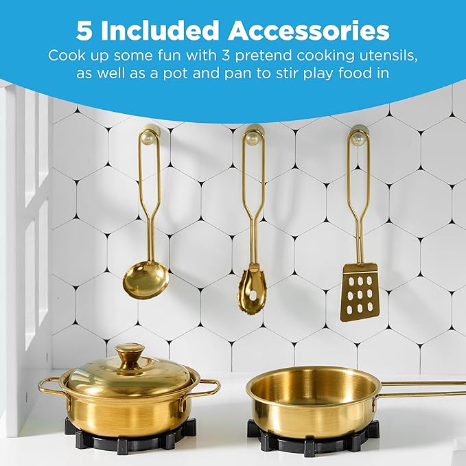 Best Choice Products Pretend Play Wooden Farmhouse Kitchen Set for Kids w/Toy Storage, Clicking Knobs, Windows, 5 Accessories Included - Beveled White