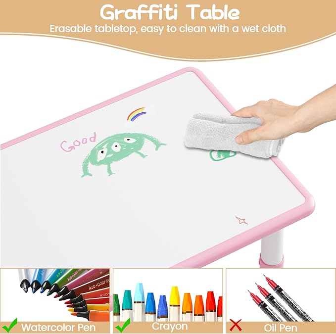 IDEALHOUSE Kids Table and 6 Chairs Set, Height Adjustable Toddler Table and Chair Set, Graffiti Desktop, Children Study Table for 6 for Home Daycare Preschool for Ages 2-10, Pink