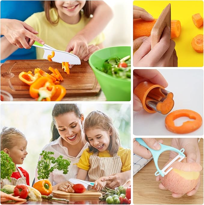 14 Pieces toddler knife, Kids Knife Set Include Wood Kids Safe Knife, Plastic Toddler Knife, Cutting Board, Apron, Y Peeler, Crinkle Cutter, Kitchen Sleeves Covers, Gloves, Sandwich Cutter