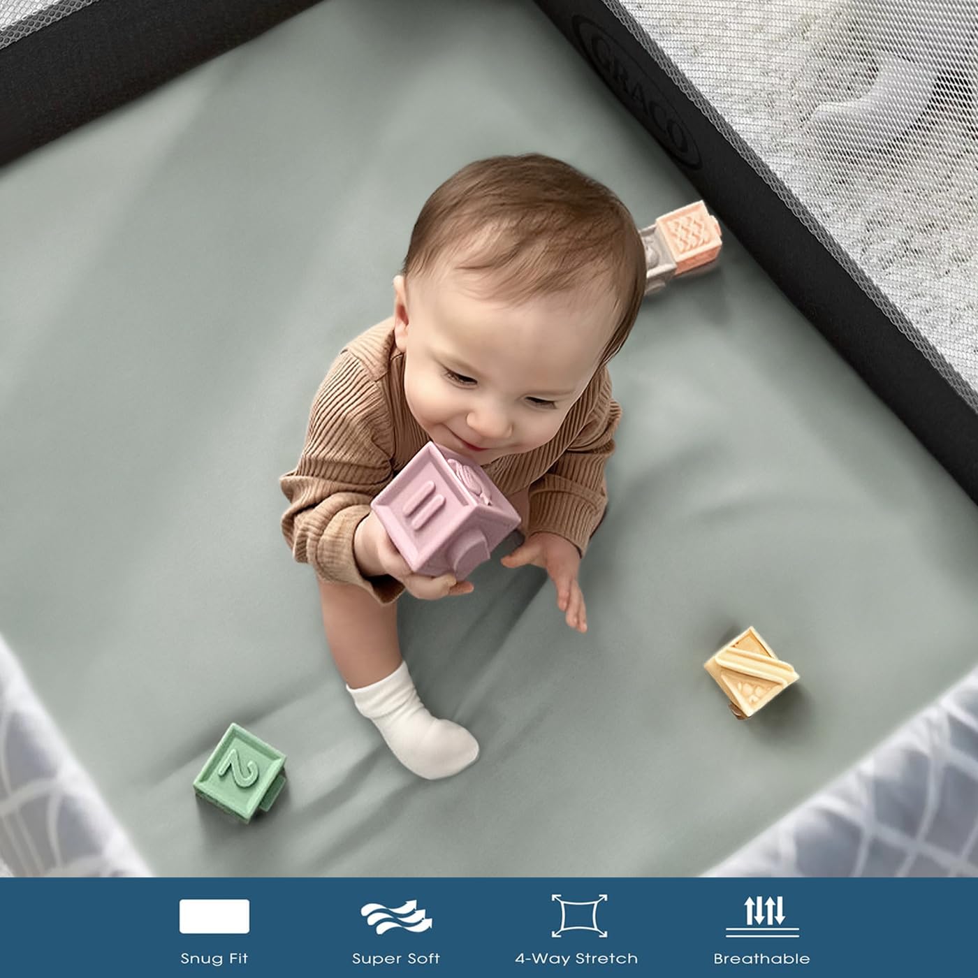 GRSSDER Mini Crib Sheets Fitted, Pack and Play Sheets 2 Pack, Ultra Soft Stretchy Pack N Play Sheets, Universal Fit for Playard Mattress, Jersey Crib Sheets Neutral for Boys and Girls, Beige/Gray