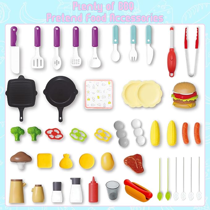 Kid Toy Grill, BBQ Grill Playset with Light Sound, Smoke Effect and 2 Wheels, Pretend Food, Little Chef Play Kitchen Accessories, Christmas Birthday Gifts for Boys Girls Ages 3 4 5 6 7 8