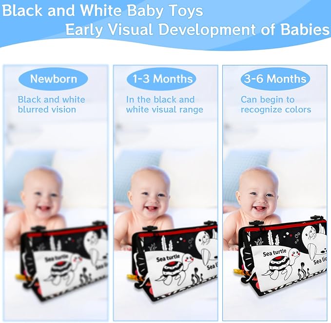 Tummy Time Mirror Newborn Toys: Black and White Infant Tummy Time Toys 0-3 0-6 6-12 Months Babies High Contrast Baby Toy with Book & Teethers Montessori Sensory Toy for Boy Girl Baby