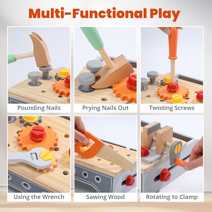 CUTE STONE Kids Wooden Tool Bench, 2-in-1 Toddler Tool Box & Take-Along Tool Kit, Montessori STEM Learning Toy Workbench, Educational Construction Pretend Play Gift for Boys & Girls Ages 3+