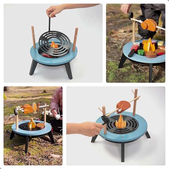 UMU Kids Grill Set, Pretend Play BBQ Toys with Wooden Grill, Cutting Food, and Cooking Accessories – Play Kitchen Outdoor & Indoor Barbecue Toy for Toddlers and Kids Age 3 4 5 6 7 8+