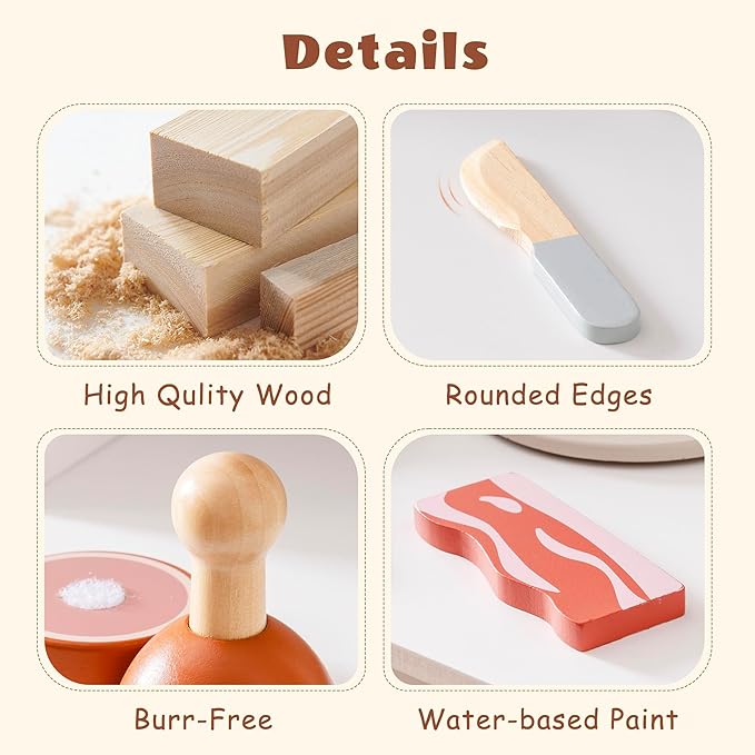 ROBOTIME Wooden Play Food Cutting Meat & Eggs Set, Pretend Play Toy Food for Play Kitchen with Shopping Bag – Kids Kitchen Accessories, Wooden Food Toys for Boys & Girls