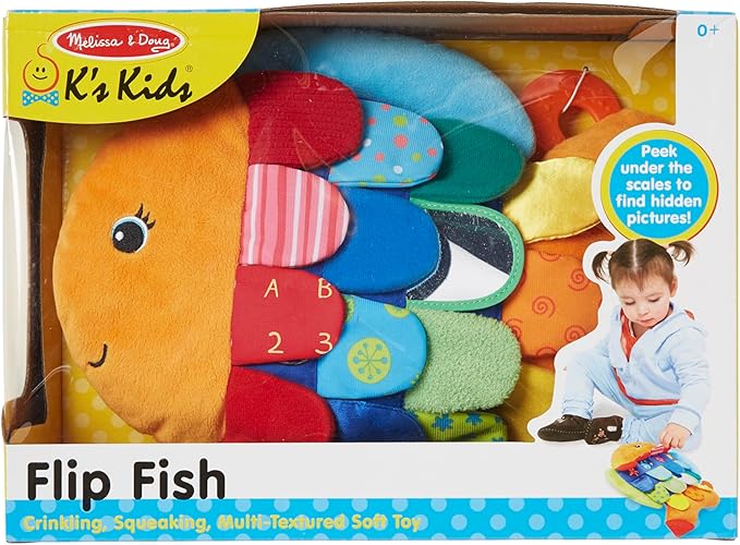 Melissa & Doug K’s Kids, Flip Fish Stuffed Animal, Soft Baby Book, Multi-Textured Squeaking & Crinkling Infant Sensory Toys for Babies with Baby Mirror, Tummy Time Toys for Infants Ages 0–9 Months