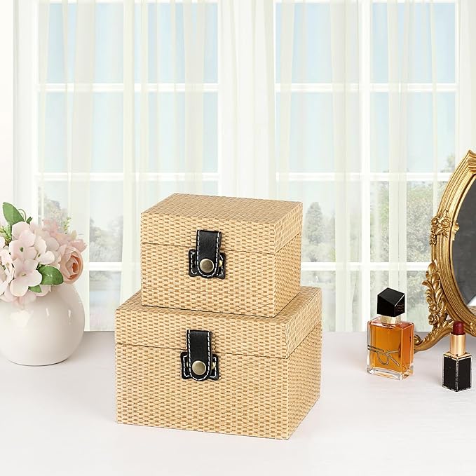 Hipiwe Wooden Decorative Box with Hinged Lid Treasure Chest Box Small Storage Box for Mementos,Jewelry,Trinket Photo Home Decor Gift for Birthday Anniversaries