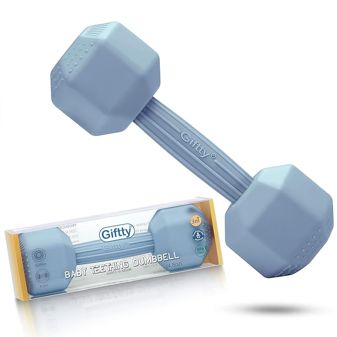 Giftty Baby Dumbbell Infant Rattle Silicone Teething Toy Teether Infants Toddler Sensory Toy Exercises Weight - Made of 100% Food-Grade Silicone, Safe for Baby Boys and Girls (1pcs 4.8oz - Blue)