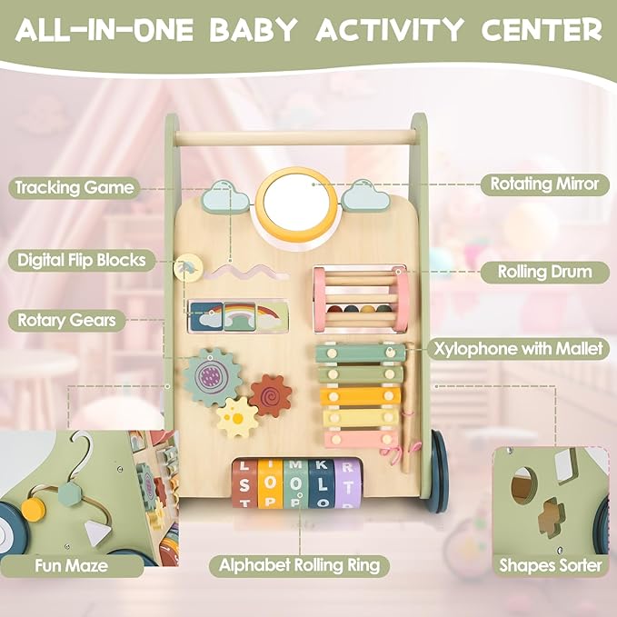 Baby Push Walker, Wooden Baby Walker with Wheels, Montessori Push Walker for Babies 6-12 Months, Adjustable Speed Push Walking Toys for Boys&Girls 1 Year Old, Christmas Birthday Gifts for Toddler