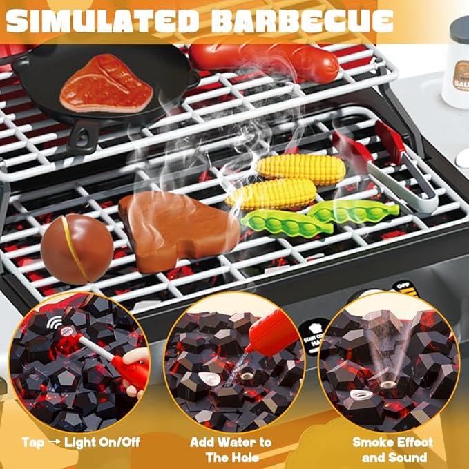 Kids Grill Playset, BBQ Toy Grill with Smoke Sound Light and Wheel, Movable Pretend Play Kitchen Toys Grills for Toddlers 3-5, 2-Layer Barbecue Play Food Christmas Birthday Gifts for Grandkids