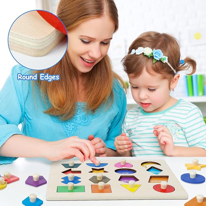 Wooden Shape Peg Puzzles for Toddlers 3 4 5 Year Old, Toddler Learning Toys Shape Sorter Color Match Montessori Toys Educational Puzzles for Toddlers 3-5 Easter Birthday for Girls Boys