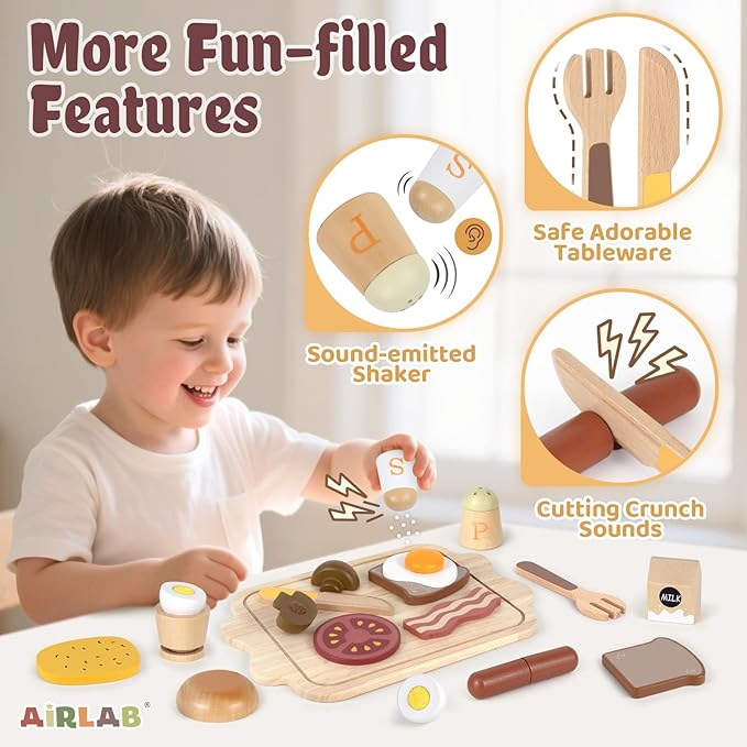 Airlab Toy Food for Toddler 3-5 Pretend Play Kids Kitchen Playset Breakfast Cutting Food Girl Boy Birthday Gift Age 3 4 5 6 Year Old Wood Educational Toys Kitchen Accessories