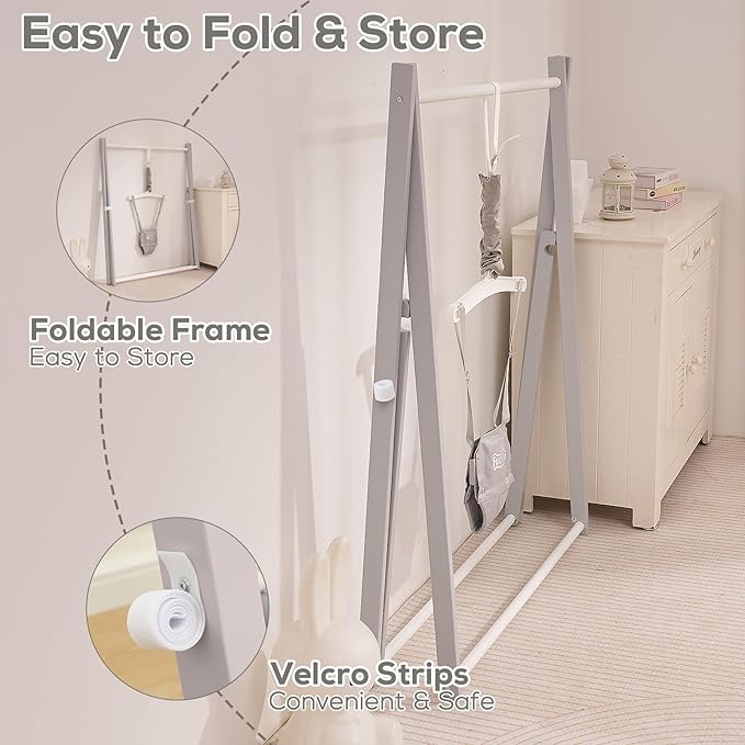 FUNLIO Montessori Wooden Baby Jumper with Stand for 6-36 Months, Adjustable Baby Bouncer for Indoor/Outdoor Play, Foldable Toddler Jumper for Baby Girl/Boy, Easy to Assemble & Store - Grey