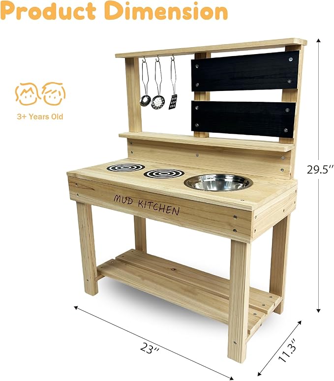 Wooden Mud Kitchen, Outdoor Play Kitchen with Sink, Blackboard, Storage Shelves and Kitchen Accessories, Fir Wood Pretend Kitchen for Boys and Girls
