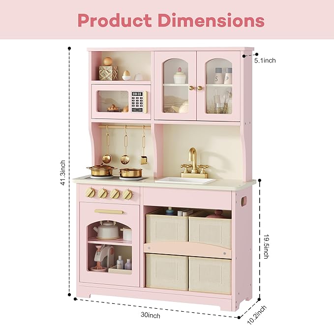 Play Kitchen for Kids, Wooden Toy Kitchen Set with Smart Storage & Accessories, Toddler Kitchen Playset with Stove & Oven, Pretend Play Set, Gift for Ages 3-8, Pink