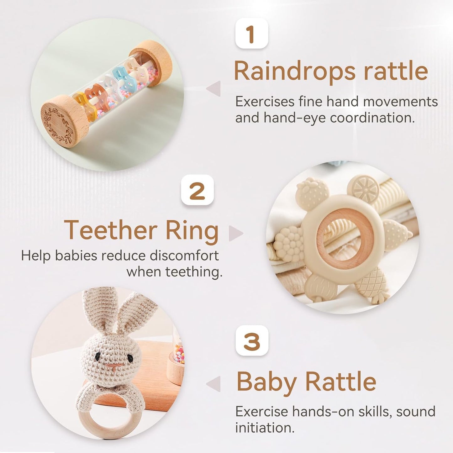 Youuys Wooden Baby Rattle Set (3pcs) - Crochet Rattle Rain Stick Teething Toys, Wooden Montessori Toy for Newborn Infant Baby Rattles Set Toys 3-6-12 Months (Bunny)