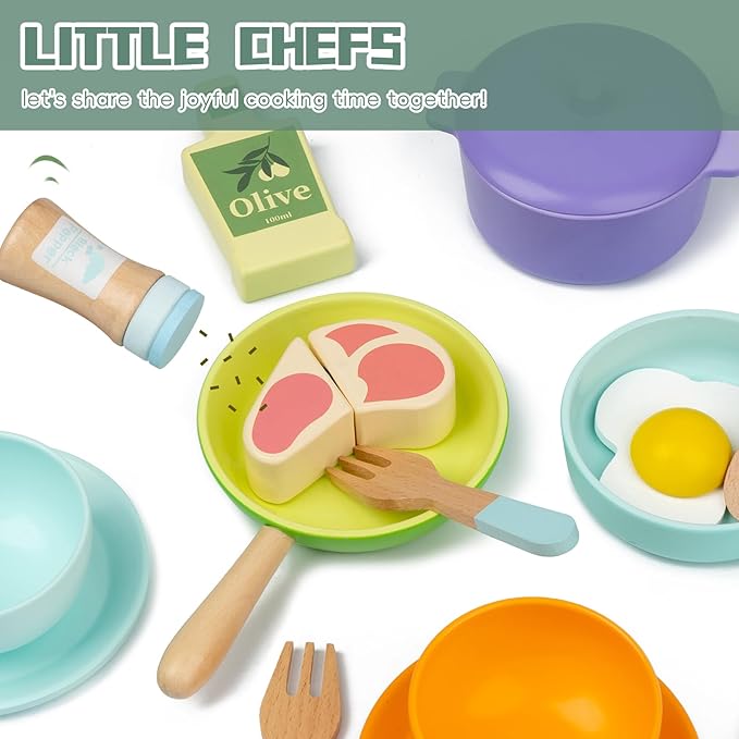 Wooden Kitchen Toys for Toddlers, Montessori Pretend Play Kitchen Accessories, Play Food Sets for Kids Kitchen, Pots and Pans Cooking Sets, Gifts for 3 4 5 Years Old Girls Boys