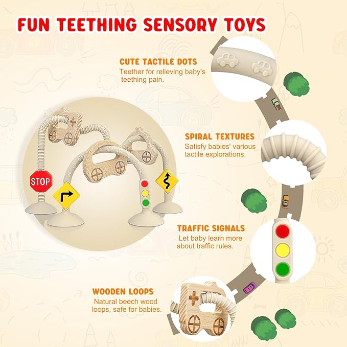 High Chair Suction Toys for Babies 6-12 Months, Suction Cup Toy for Toddlers 1-3, Baby Sensory Montessori Chew Toy for Babies 0-6 Month, Silicone Baby Teething Toys for 12-18 Months