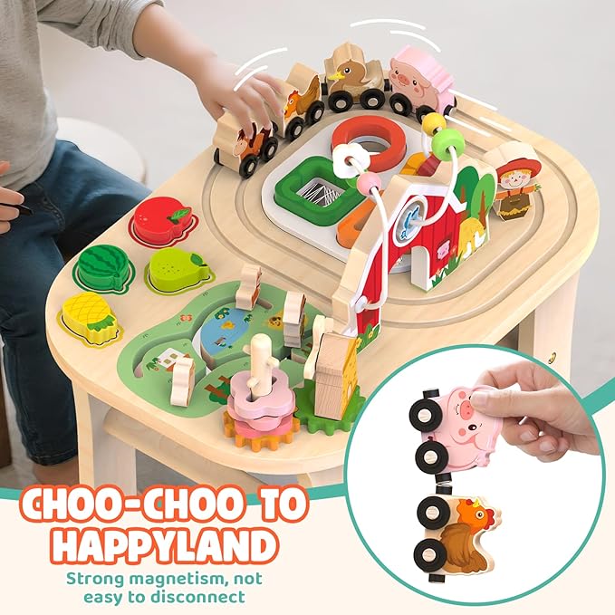 Activity Table for 1 Year Old, Baby Wooden Sensory Table with Bead Maze Shape Sorter Train Track for Toddler, Farm Montessori Toy Activity Center Educational Learning Toys for Kids 12+ Months