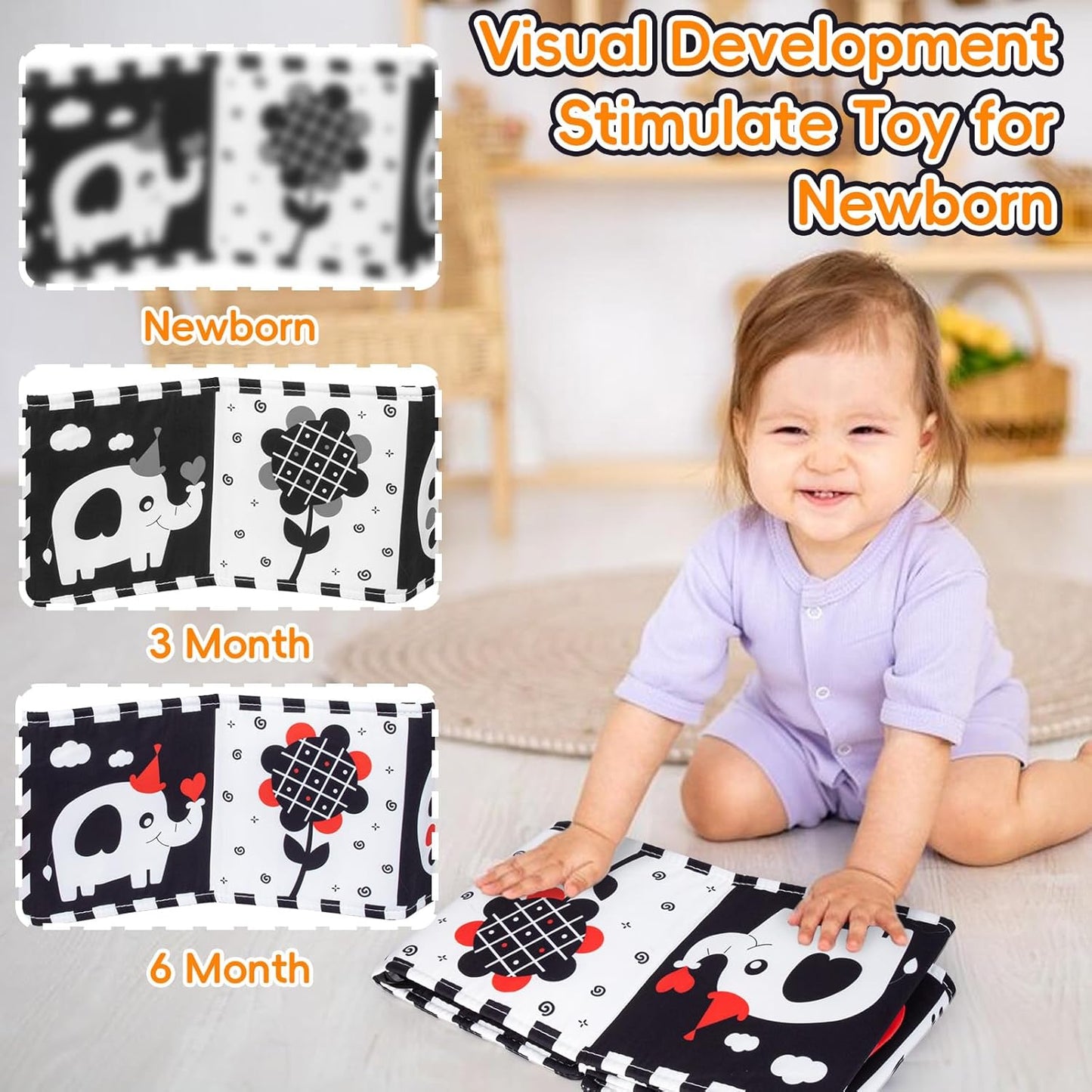 Cawgug Black and White High Contrast Baby Toys for Newborn Brain Development Tummy Time Soft Book Babies 0-3 6-12 Months Montessori Learning Activities Infant and Sensory Visual Stimulation Toys