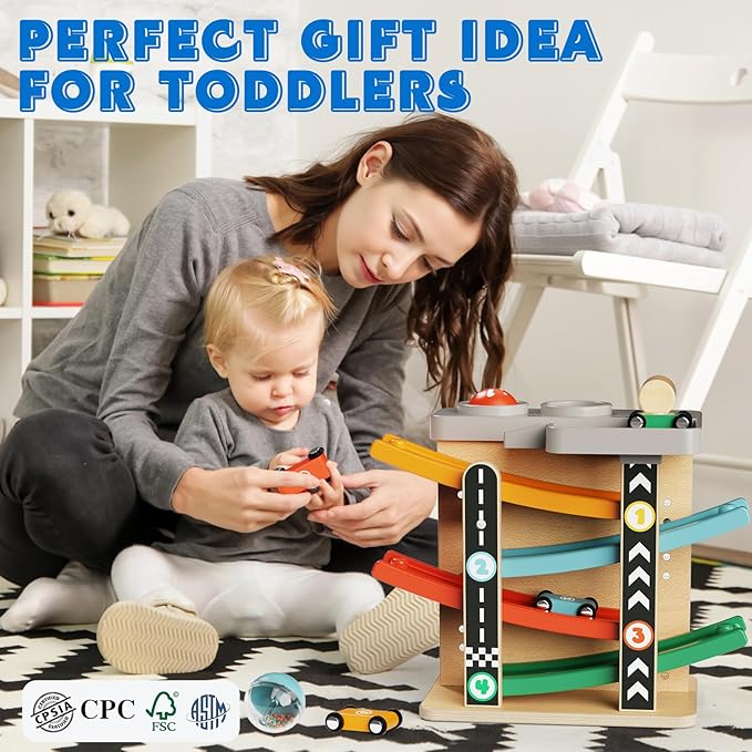 2-in-1 Pound Ball Toddler Toy Wooden Car Ramp Race Track Ball Drop Baby Toy Set Gift for 1 2 3 Year Old Boys Girls Montessori Developmental Learning Activity Interactive Cause Effect Birthday Present