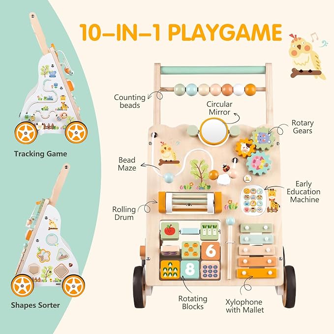 Wooden Baby Walker with Wheels, Push Walker with Baby Activity Center, Montessori Walking Toy for Girls Boys, Ajustable Speed & Height Activity Toy for Toddler Learning to Walk