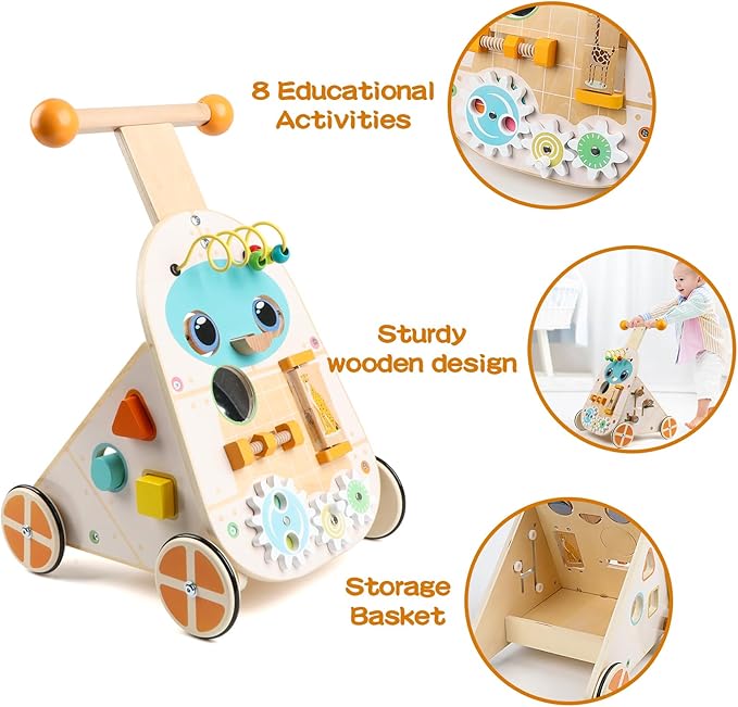 Wooden Push Walker, Adjustable Speed Baby Push Walker Activity Center Toys, Wooden Baby Walker Push and Pull Learning Activity Walker, Learning & Walking Toy for Boys Girls