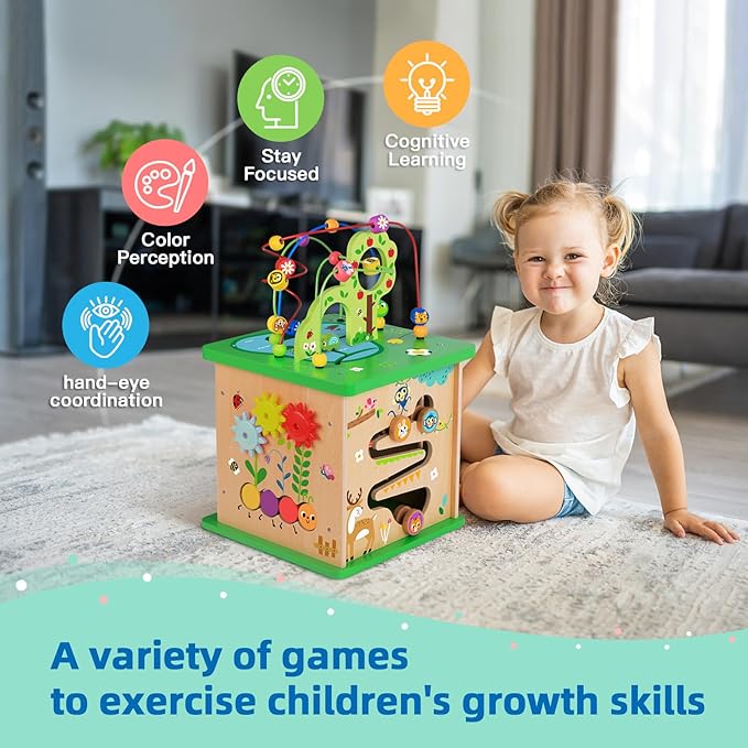 TOOKYLAND 5 in 1 Activity Center, Wooden Large Activity Play Cube 23"X13"X13", Wooden Learning Puzzle Toy for Toddlers, with Animal Friends, Shapes, Mazes, Shape Sorter