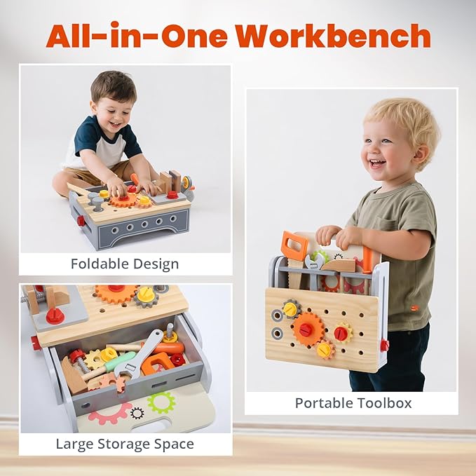 CUTE STONE Kids Wooden Tool Bench, 2-in-1 Toddler Tool Box & Take-Along Tool Kit, Montessori STEM Learning Toy Workbench, Educational Construction Pretend Play Gift for Boys & Girls Ages 3+