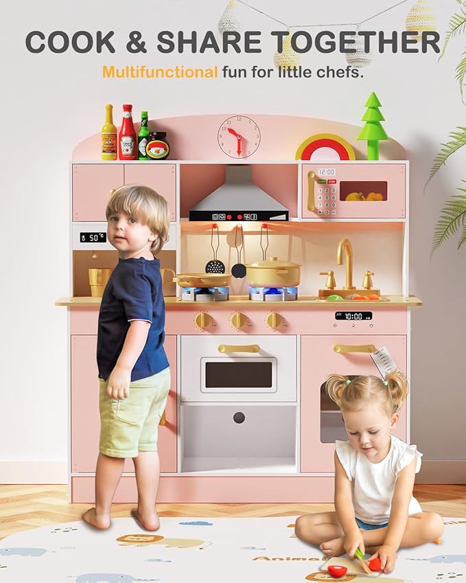 Babytronic Wooden Play Kitchen Set, Pretend Play Kitchen with Lights and Sounds for Kids Ages 3+, Includes Stove, Oven, Microwave, Coffee Maker, and Accessories, Toy Kitchen Set for Toddlers (Pink)