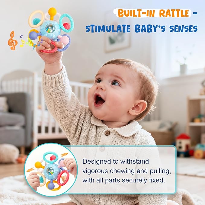 Baby Teething Toys for 0-6 6-12 Months, BPA Free Food Grade Silicone Teether, Infant Sensory Chew Rattles Toys, Gifts for Infant Newborn Boys Girls 0 3 6 9 12 18 Months, Sky Blue