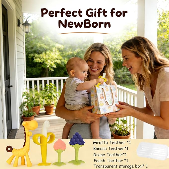 Baby Teething Toys 3-6 Months, Silicone Baby Teether Freezer BPA Free, Babies Teething Relief Sore Gums, Banana Toothbrush, Fruit Shape Giraffe Newborn Teether Gift for Infant Boy and Girl