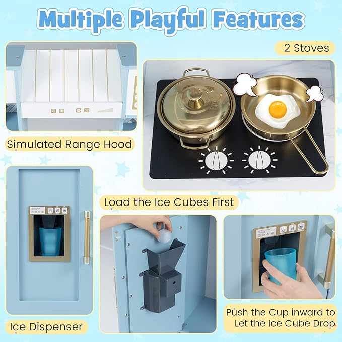 HONEY JOY Play Kitchen, Wooden Toy Kitchen Set with Coffee Maker, Microwave, Range Hood, Ice Maker, Stove, Dish Rack, Cookware, Pretend Play Kids Kitchen Playset for Toddler Boys Girls (Blue)