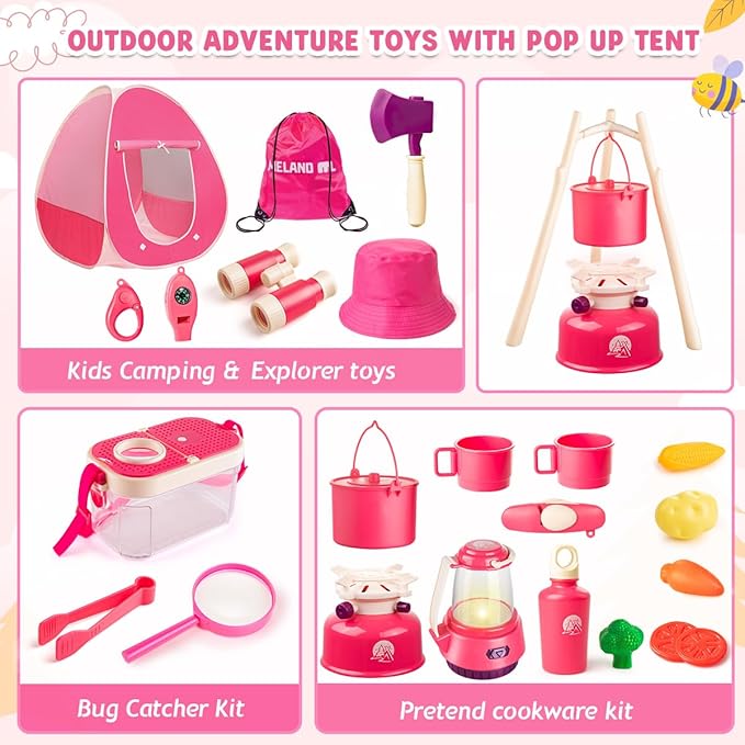 Meland Kids Camping Set for Girls - Camping Tent Toys for Girls Indoor Outdoor Pretend Play, Christmas Birthday Gift Idea for Toddler Girl Age 3,4,5,6 Year Old