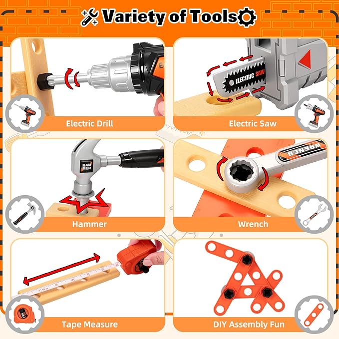 50PCS Kids Tool Set for Boys Ages 3 4 5 6 Years Old - Pretend Play Construction Tool Kits with Portable Tool Bag & Electronic Toy Drill, Toddler Tool Set, Christmas & Birthday Gifts for Boys