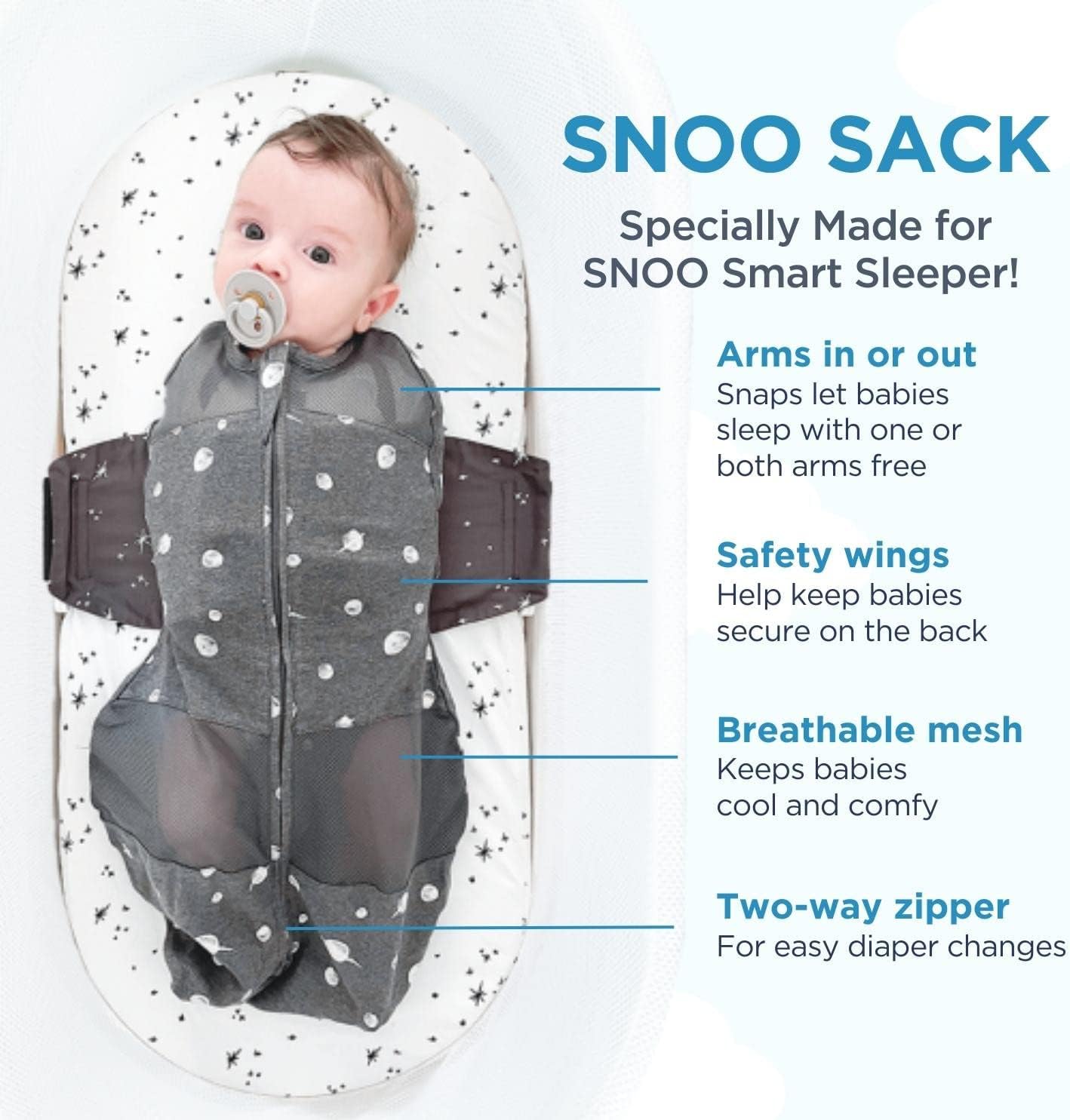 Happiest Baby SNOO Sleep Sack - 100% Organic Cotton Baby Swaddle Blanket - Doctor Designed Promotes Healthy Hip Development (Midnight Planets, Large)