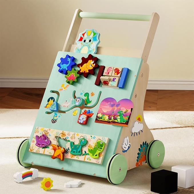 Wooden Baby Walker, Dinosaur Toddler Push Walker, Montessori Learning Activity Center for Boys Girls, Develops Motor Skills Sit-to-Stand Toys Multifunctional Educational Gifts for Kids Infant