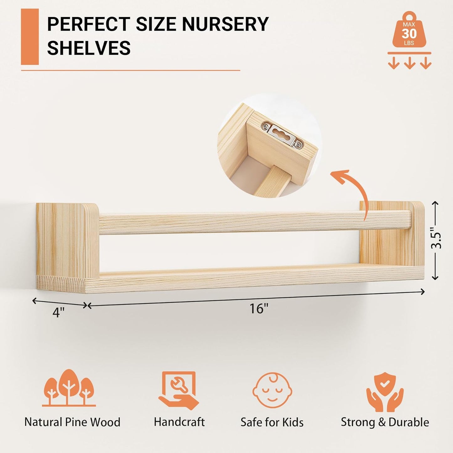 Heimlove Nursery Floating Shelves, Wood Nursery Book Shelves for Wall, 16 inch Wall Bookshelf for Kids Solid Wood Wall Mounted Shelves for Books,Toys and Decor Storage, Set of 3