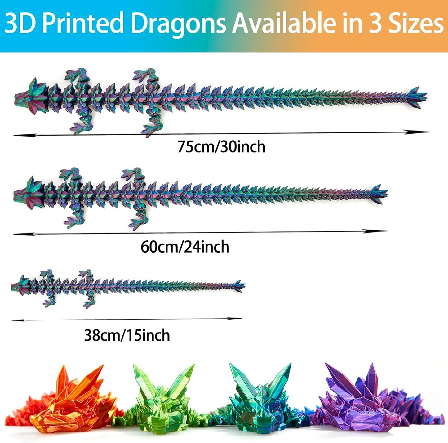 3D Printed Dragon, 3D Dragon ,30 Inch 3D Printed Fidget Dragon, Bigger Fidget Crystal Dragon Toys , 3D Printed Articulated Dragon for Home Office Car Desk Decor Toys (Blue Green Purple)