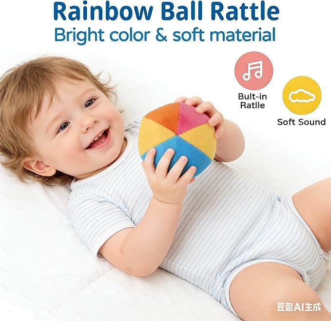Montessori Toys 7 in 1 Learning Educational Set Newborn Toys, Rainbow Ball, Baby Black and White Books, Tissue Box Toy, Spinning Drum, Rattle Toy