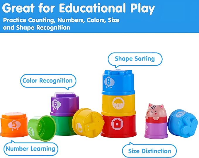 Stacking Cups Baby Toy Set, Nesting Stacking Toys for Toddlers 1-3 Montessori Toys for 1 Year Old Babies 6-12-18 Month Stackable Number Blocks Infant Sensory Bath Easter Basket Stuffers Gifts